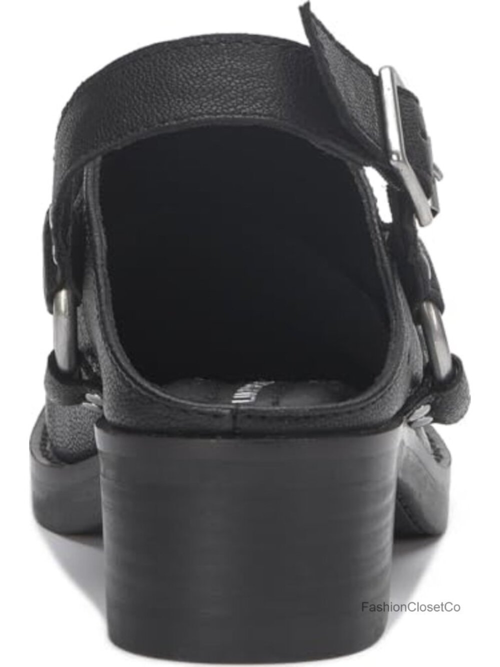 Square Toe Mule with Harness and Studding, Leather Upper, Stacked Block Heel - Picture 2 of 6